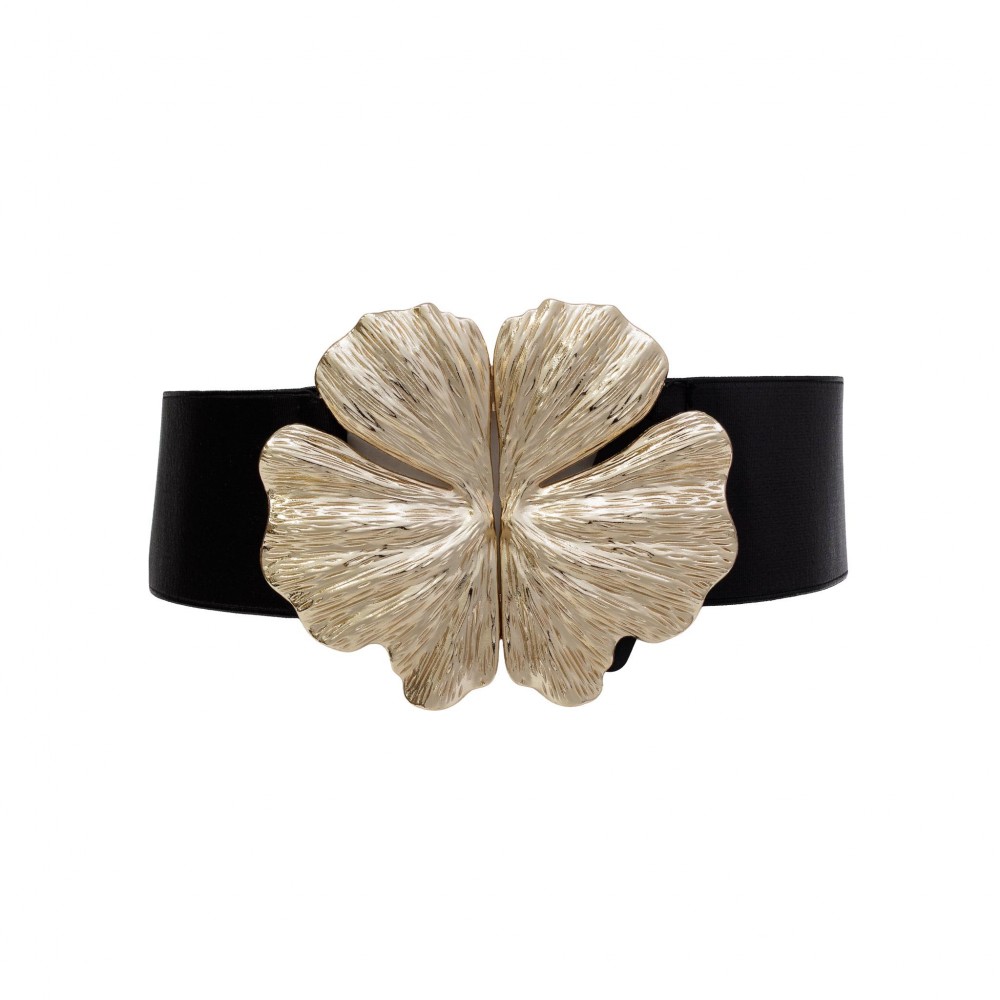 Elastic Braided Belt With Metal Floral Buckle - Approximately 28" L X 2.4" W - 70% Elastic 30% Paper view 2