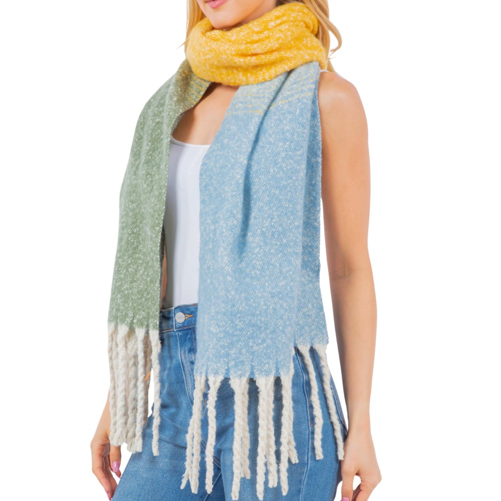 Three Tone Knit Scarf With Long Fringe - 100% Acrylic view 2