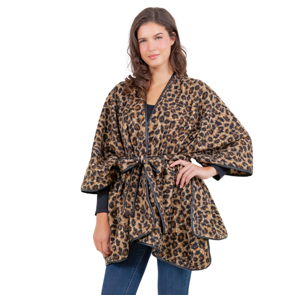 Leopard Print Knit Shawl With Tie - One Side Fits Most - 100% Polyester view 2
