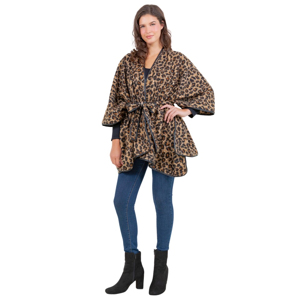 Leopard Print Knit Shawl With Tie - One Side Fits Most - 100% Polyester view 4