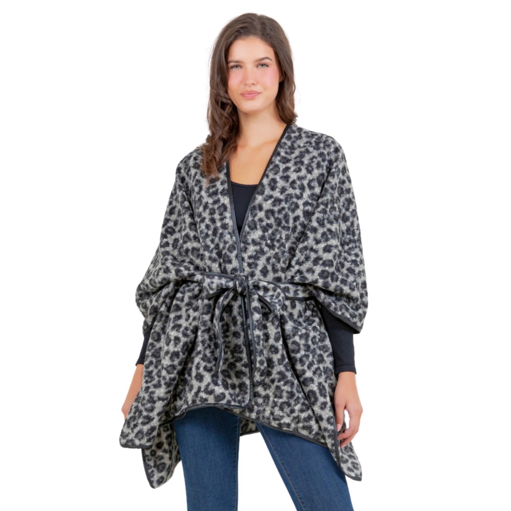 Leopard Print Knit Shawl With Tie - One Side Fits Most - 100% Polyester view 2