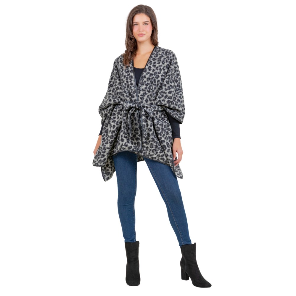 Leopard Print Knit Shawl With Tie - One Side Fits Most - 100% Polyester view 4
