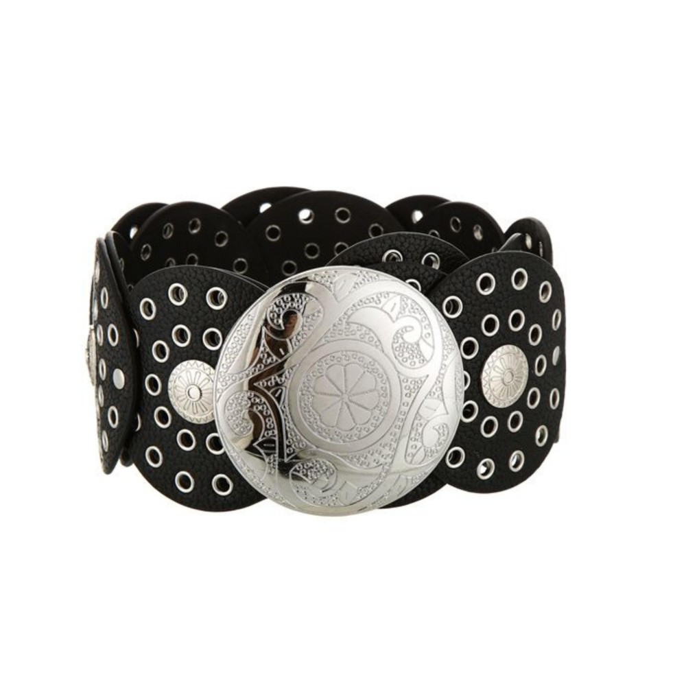 Vegan Leather Scalloped Belt With Metal Tone Eyelets & Engraved Concho Center - Approximately 47" L view 2