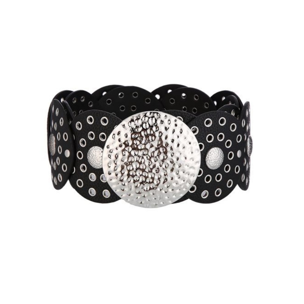 Vegan Leather Scalloped Belt With Metal Tone Eyelets & Hammered Metal Concho Center - Approximately 47" L view 2