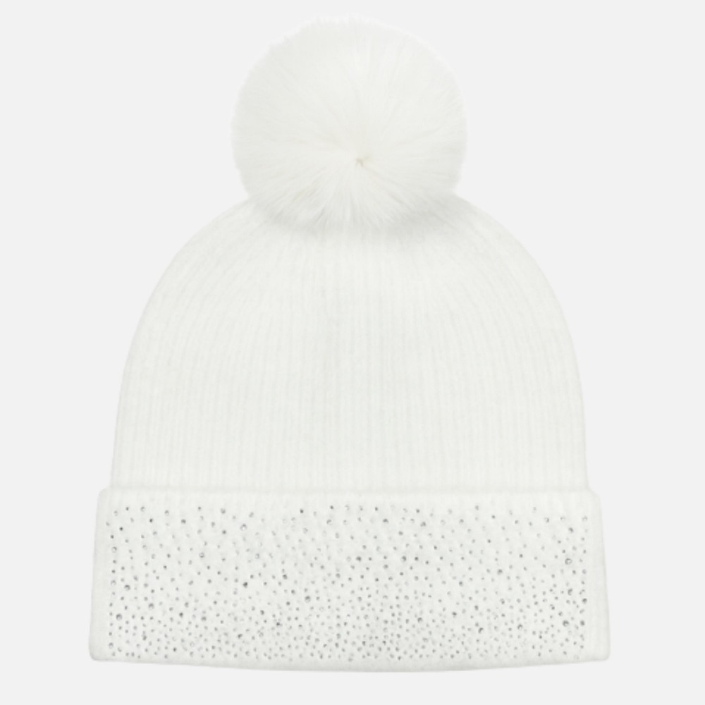 Fuzzy Knit Cuff Beanie With Faux Fur Pom & Rhinestone Details - One Size Fits Most - 100% Polyester view 2