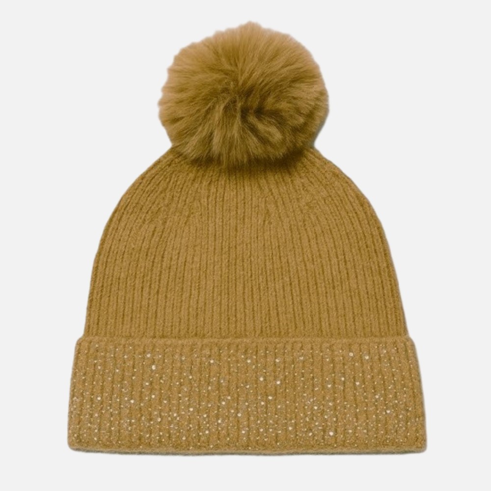 Fuzzy Knit Cuff Beanie With Faux Fur Pom & Rhinestone Details - One Size Fits Most - 100% Polyester view 2