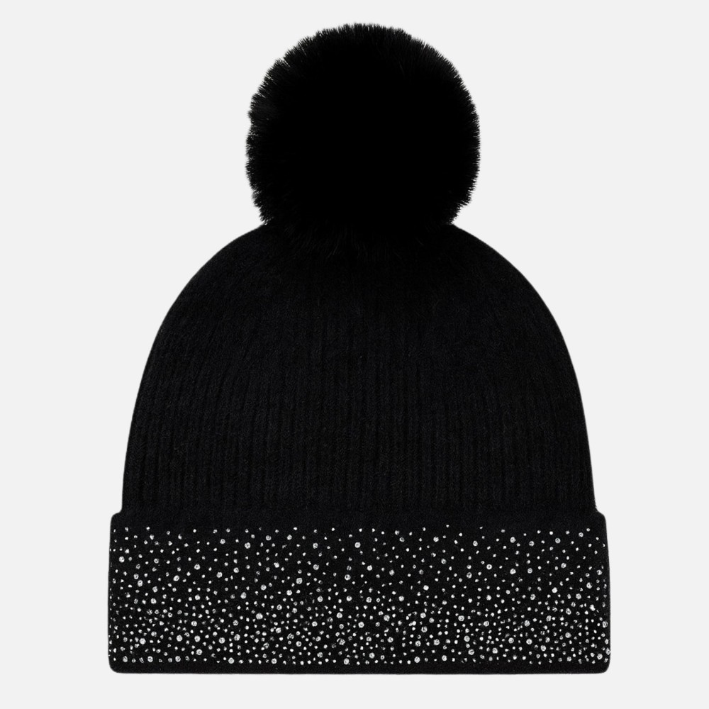 Fuzzy Knit Cuff Beanie With Faux Fur Pom & Rhinestone Details - One Size Fits Most - 100% Polyester view 2