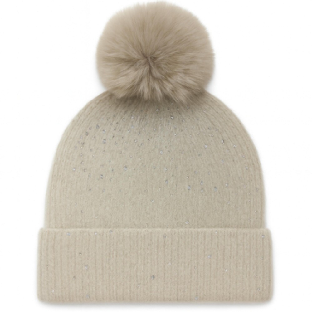 Fuzzy Knit Cuff Beanie With Faux Fur Pom & Rhinestone Details - One Size Fits Most - 100% Polyester view 2