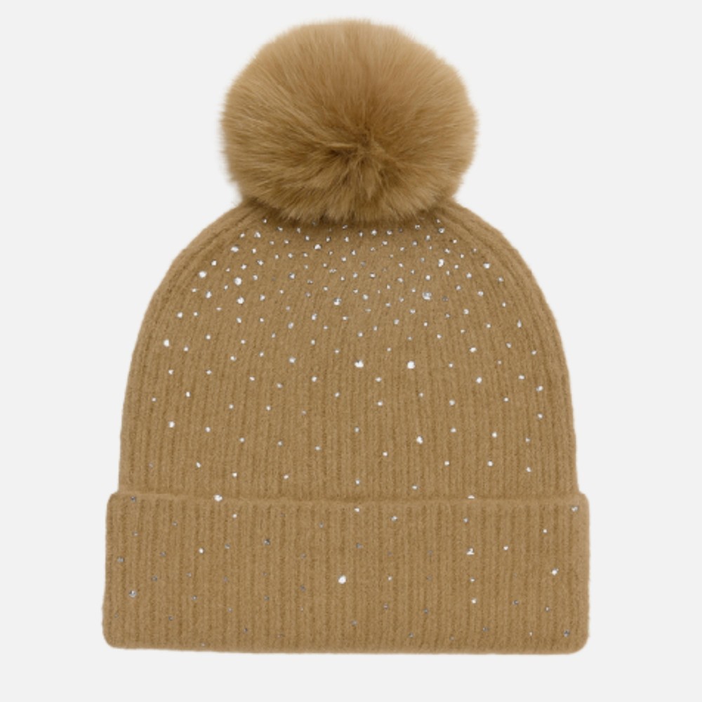 Fuzzy Knit Cuff Beanie With Faux Fur Pom & Rhinestone Details - One Size Fits Most - 100% Polyester view 2