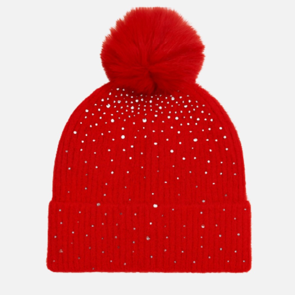 Fuzzy Knit Cuff Beanie With Faux Fur Pom & Rhinestone Details - One Size Fits Most - 100% Polyester view 2