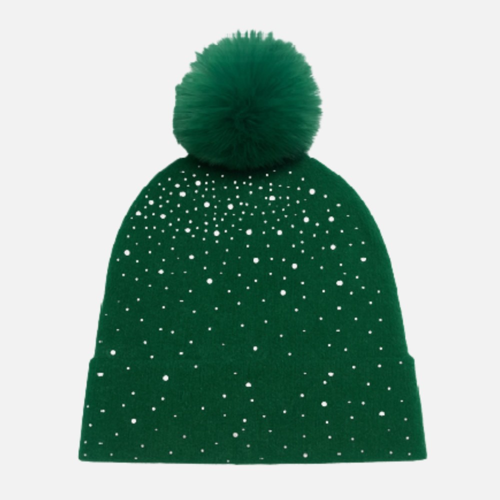 Fuzzy Knit Cuff Beanie With Faux Fur Pom & Rhinestone Details - One Size Fits Most - 100% Polyester view 2