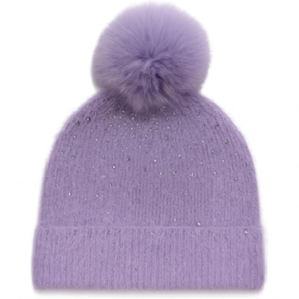Fuzzy Knit Cuff Beanie With Faux Fur Pom & Rhinestone Details - One Size Fits Most - 100% Polyester view 2