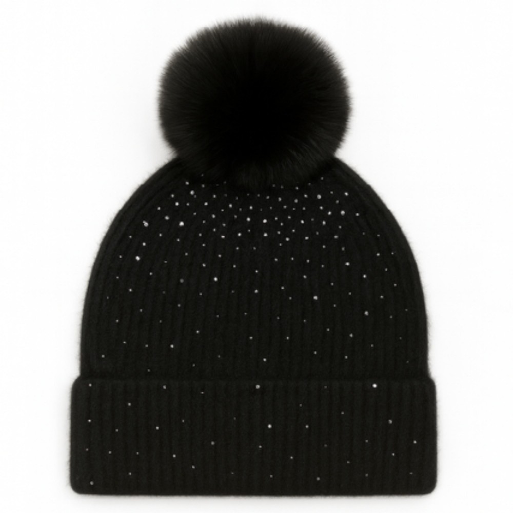 Fuzzy Knit Cuff Beanie With Faux Fur Pom & Rhinestone Details - One Size Fits Most - 100% Polyester view 2