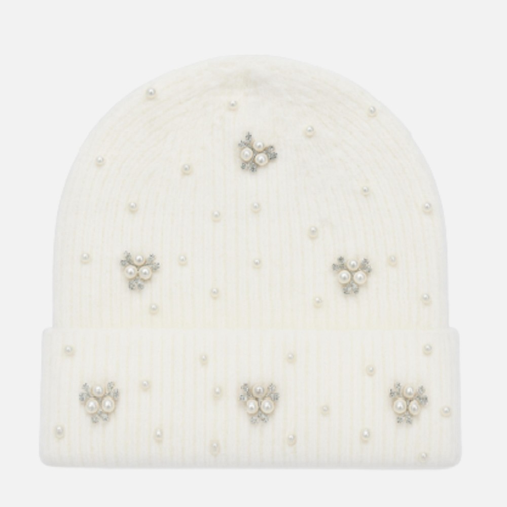 Fuzzy Knit Cuff Beanie With Faux Fur Pom, Rhinestone, & Pearl Details - One Size Fits Most - 100% Polyester view 2