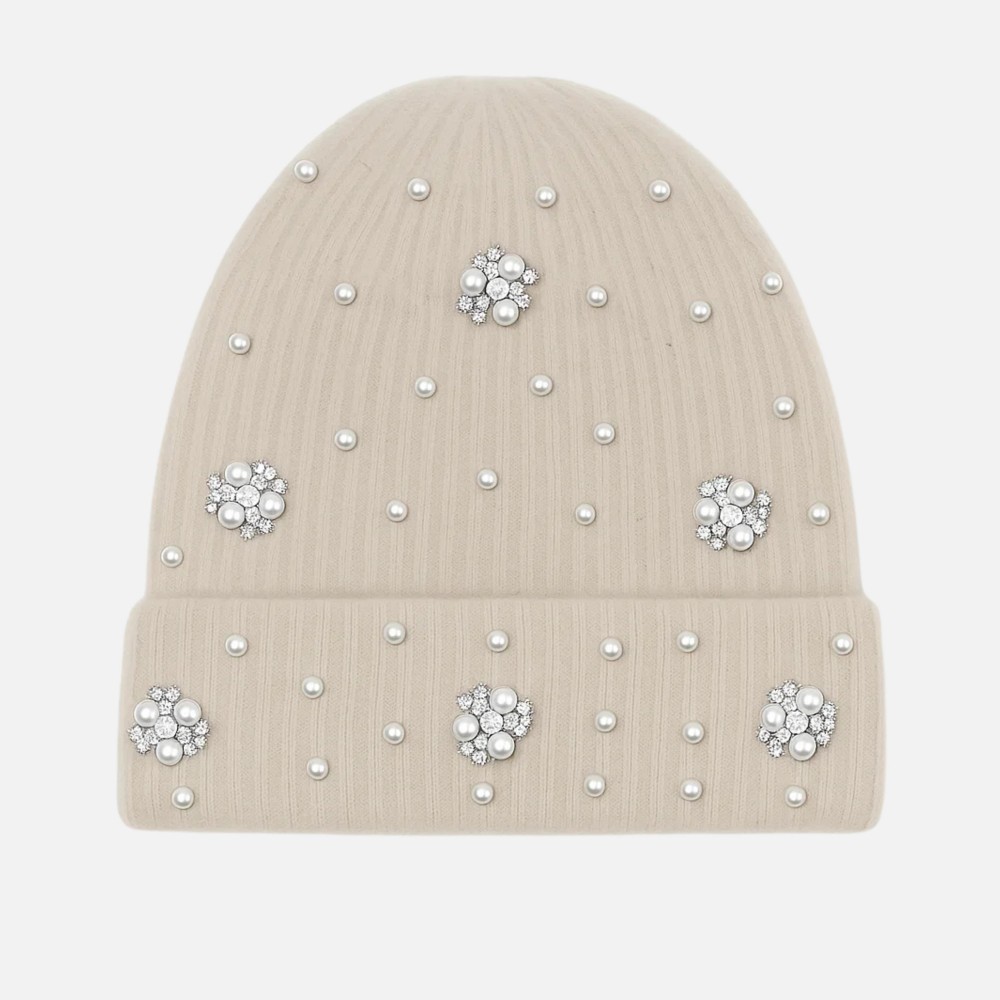 Fuzzy Knit Cuff Beanie With Faux Fur Pom, Rhinestone, & Pearl Details - One Size Fits Most - 100% Polyester view 2