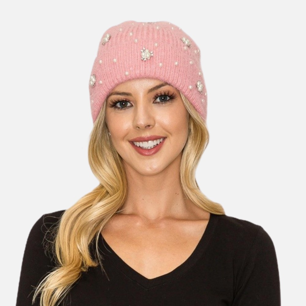 Fuzzy Knit Cuff Beanie With Faux Fur Pom, Rhinestone, & Pearl Details - One Size Fits Most - 100% Polyester view 4