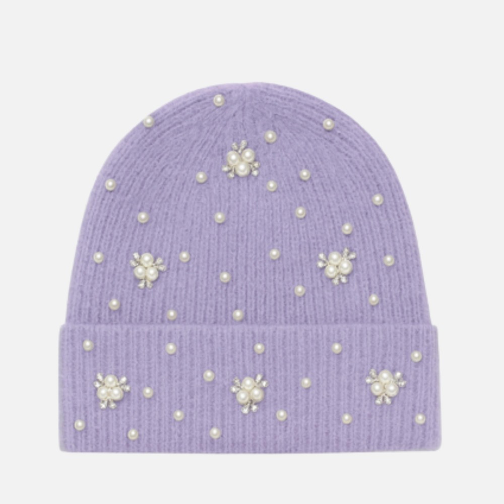 Fuzzy Knit Cuff Beanie With Faux Fur Pom, Rhinestone, & Pearl Details - One Size Fits Most - 100% Polyester view 2