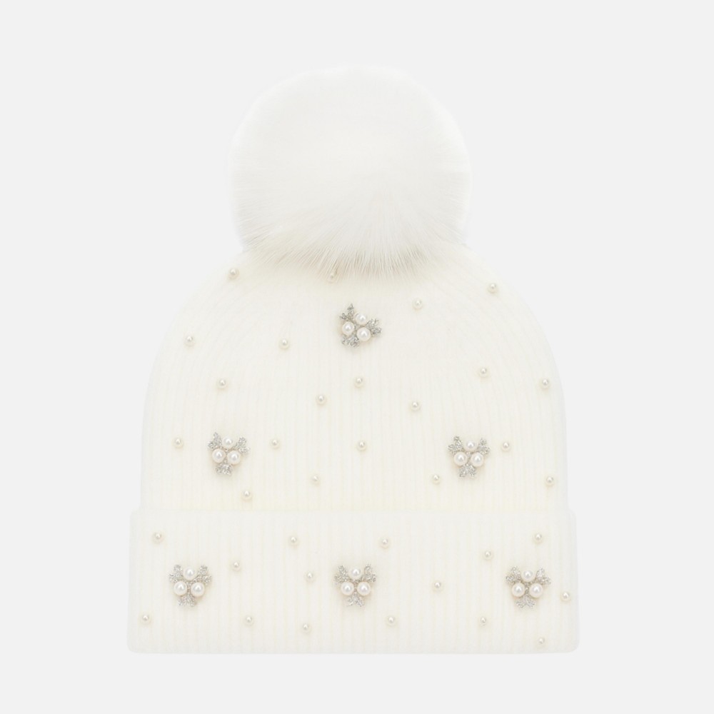 Fuzzy Cuff Beanie With Faux Fur Pom With Rhinestone & Pearl Details - One Size Fits Most - 100% Polyester view 2