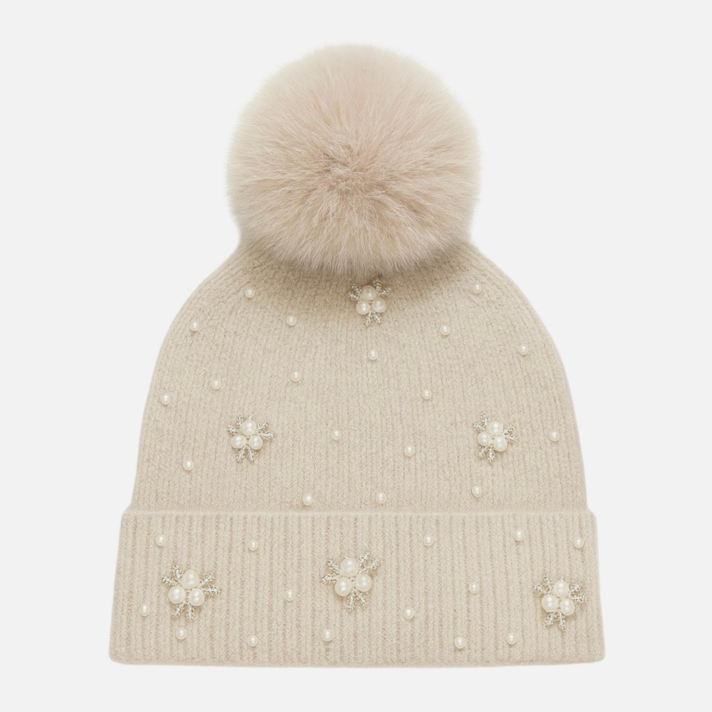 Fuzzy Cuff Beanie With Faux Fur Pom With Rhinestone & Pearl Details - One Size Fits Most - 100% Polyester view 2