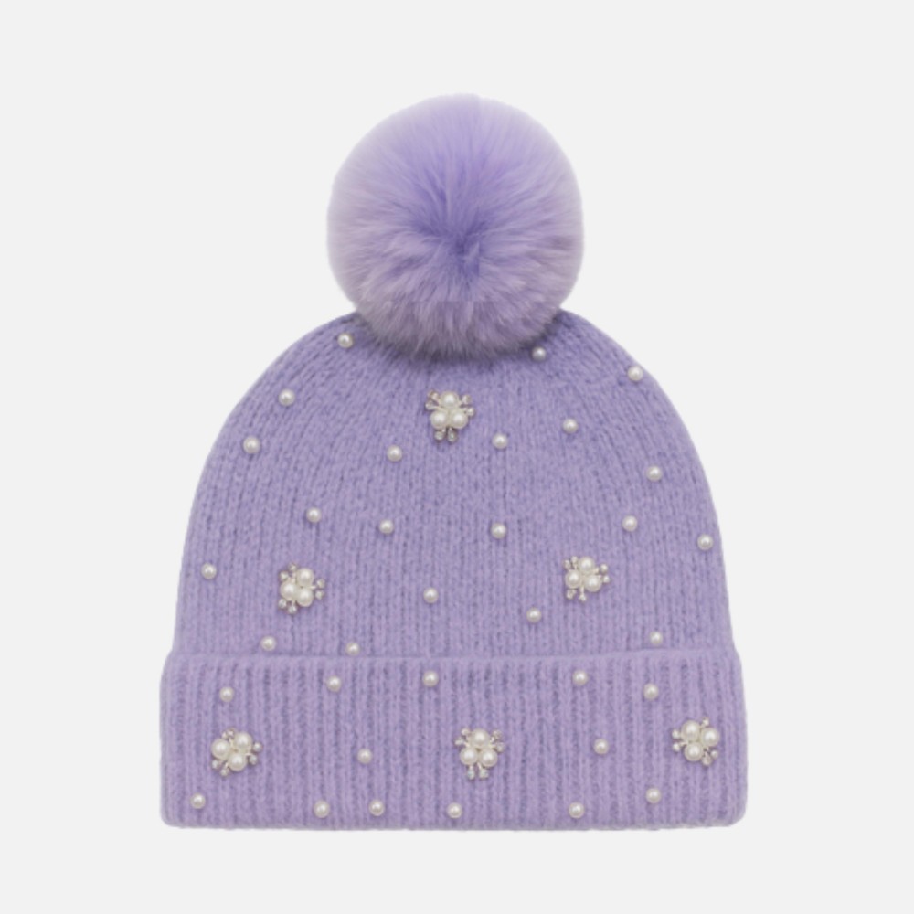 Fuzzy Cuff Beanie With Faux Fur Pom With Rhinestone & Pearl Details - One Size Fits Most - 100% Polyester view 2