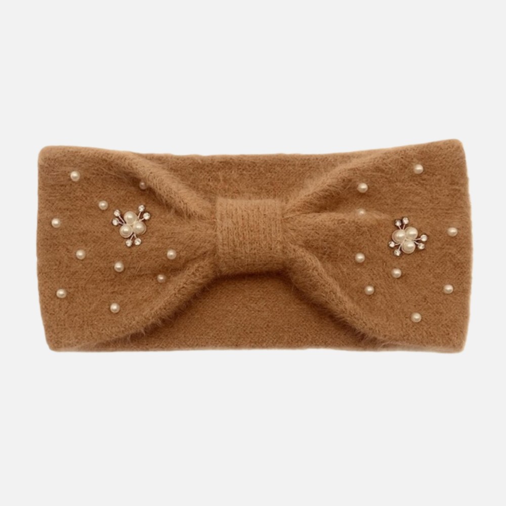 Fuzzy Knit Knotted Headwrap With Pearls & Pearl Cluster Details - One Size Fits Most - 100% Polyester view 2
