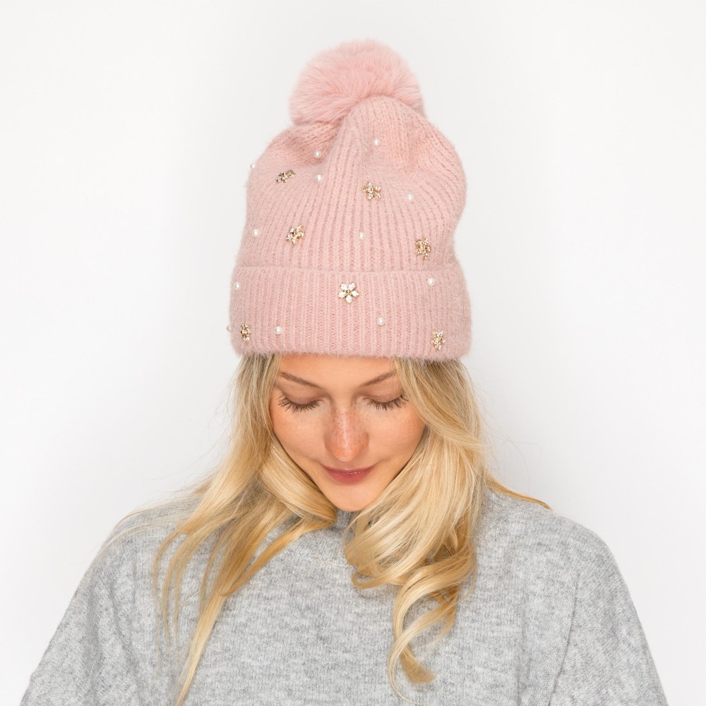 Fuzzy Knit Beanie With Faux Fur Pom, Pearls, & Rhinestone Flower Details - One Size Fits Most - 100% Polyester view 6