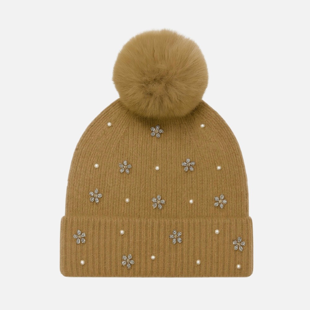 Fuzzy Knit Beanie With Faux Fur Pom, Pearls, & Rhinestone Flower Details - One Size Fits Most - 100% Polyester view 2