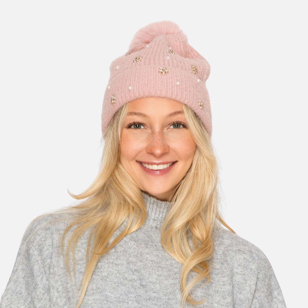 Fuzzy Knit Beanie With Faux Fur Pom, Pearls, & Rhinestone Flower Details - One Size Fits Most - 100% Polyester view 2