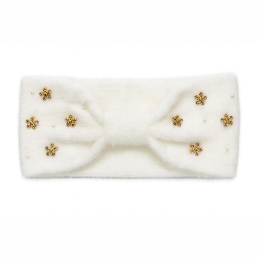 Fuzzy Knit Knotted Headwrap With Pearls & Rhinestone Flower Details - One Size Fits Most - 100% Polyester view 2