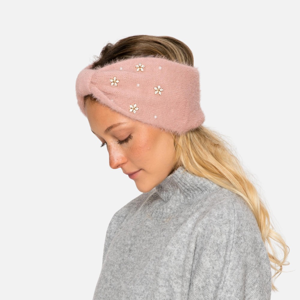Fuzzy Knit Knotted Headwrap With Pearls & Rhinestone Flower Details - One Size Fits Most - 100% Polyester view 6