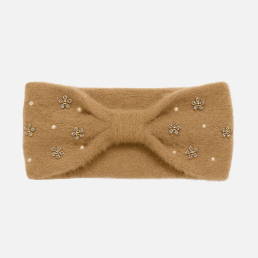 Fuzzy Knit Knotted Headwrap With Pearls & Rhinestone Flower Details - One Size Fits Most - 100% Polyester view 2