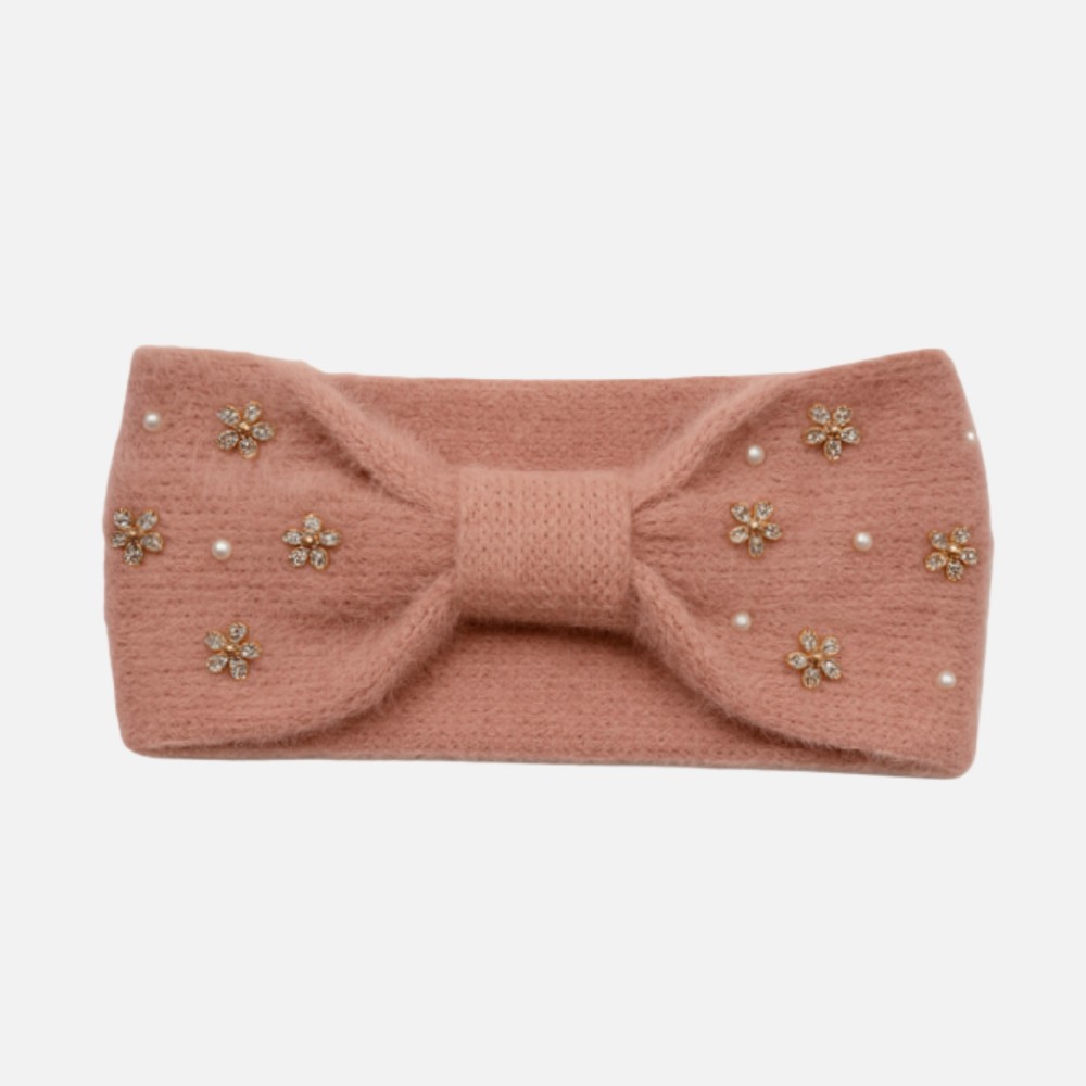 Fuzzy Knit Knotted Headwrap With Pearls & Rhinestone Flower Details - One Size Fits Most - 100% Polyester view 2