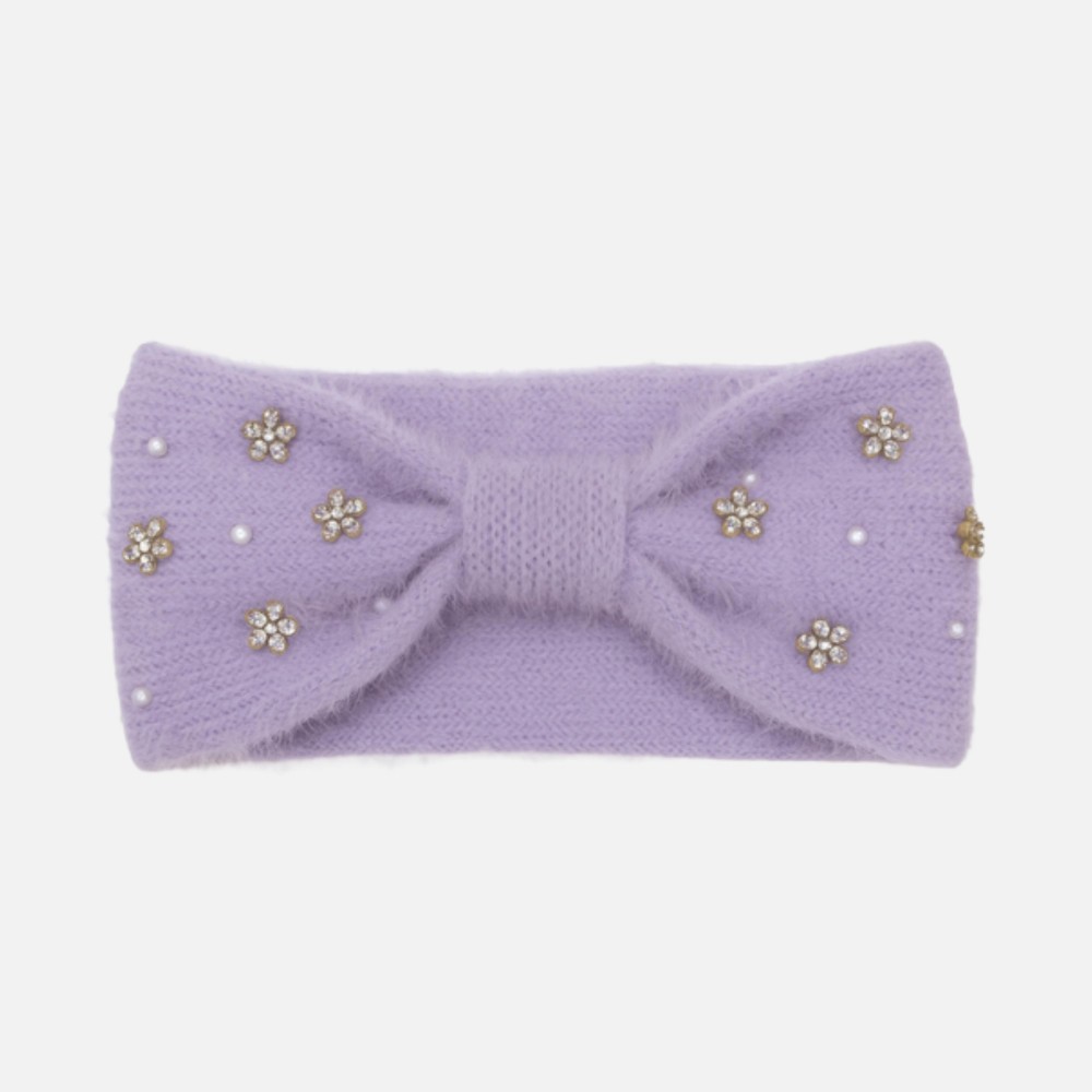 Fuzzy Knit Knotted Headwrap With Pearls & Rhinestone Flower Details - One Size Fits Most - 100% Polyester view 2