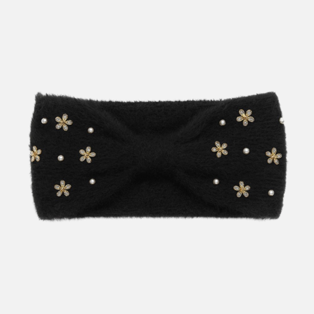 Fuzzy Knit Knotted Headwrap With Pearls & Rhinestone Flower Details - One Size Fits Most - 100% Polyester view 2