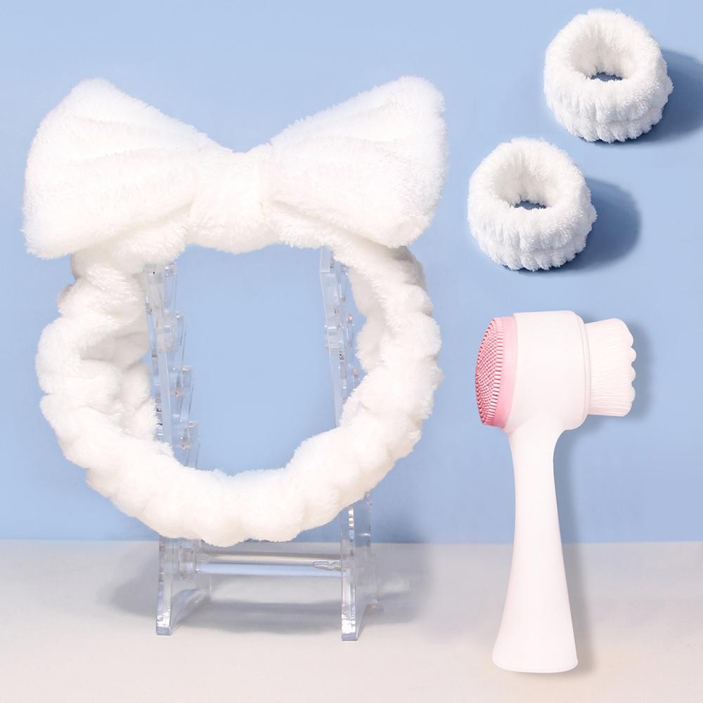 Terry Cloth Headband & Wristbands With Facial Cleanser - Cleans Pores, Removes Dirt/Makeup - Brush Face In Circular Motion With Your Favorite Cleanser - Use Headband & Wristbands To Block Water view 2