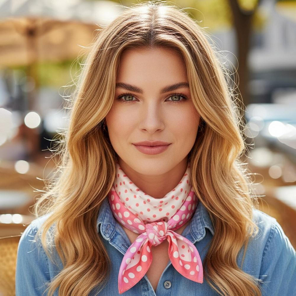 Polka Dot & Color Block Print Bandana Scarf - Multi-Use: Scarf, Bandana, Bag Tie ETC - Approximately 27.5"L X 27.5"W - 100% Polyester view 2