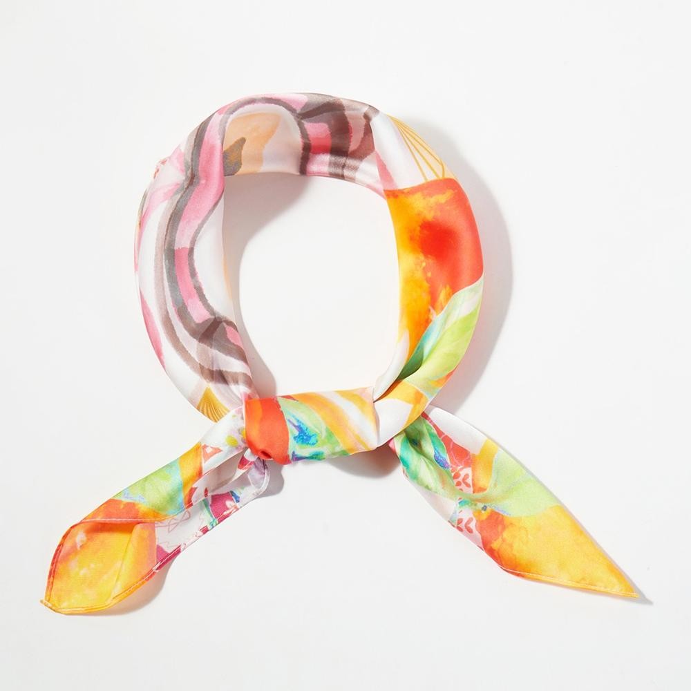 Orange Mosaic Print Bandana Scarf - Multi-Use: Scarf, Bandana, Bag Tie ETC - Approximately 27.5"L X 27.5"W - 100% Polyester view 2