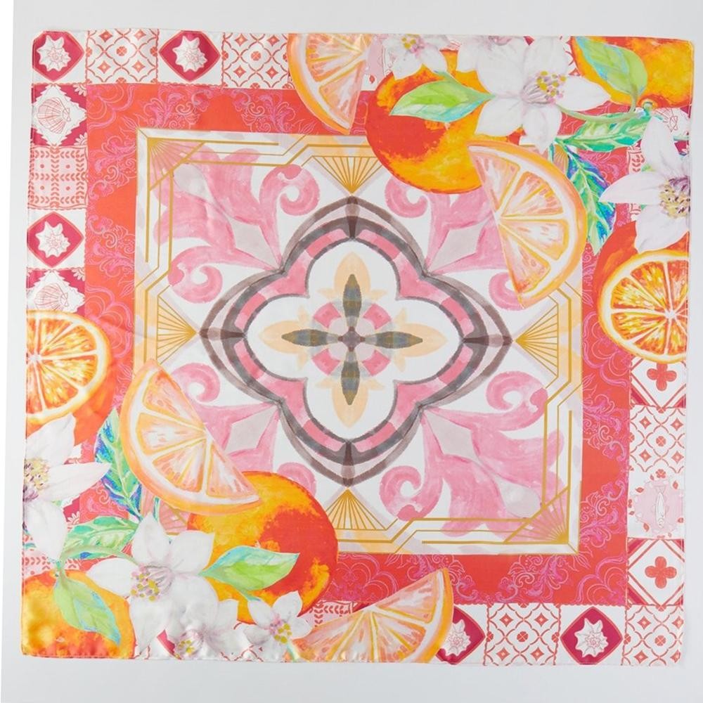 Orange Mosaic Print Bandana Scarf - Multi-Use: Scarf, Bandana, Bag Tie ETC - Approximately 27.5"L X 27.5"W - 100% Polyester view 4