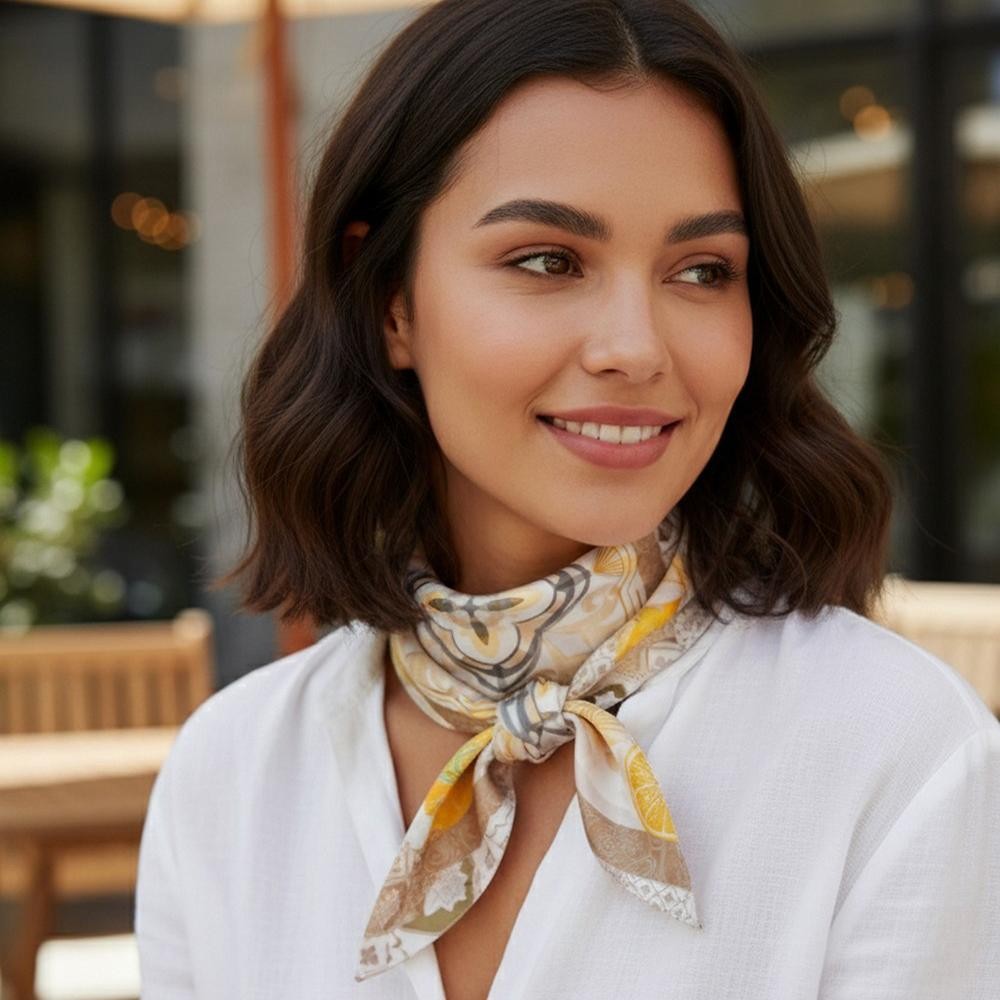 Orange Mosaic Print Bandana Scarf - Multi-Use: Scarf, Bandana, Bag Tie ETC - Approximately 27.5"L X 27.5"W - 100% Polyester view 2