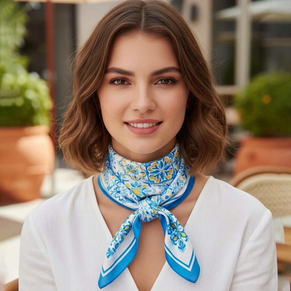 Garden Tile Mosaic Print Bandana Scarf - Multi-Use: Scarf, Bandana, Bag Tie ETC - Approximately 27.5"L X 27.5"W - 100% Polyester view 2