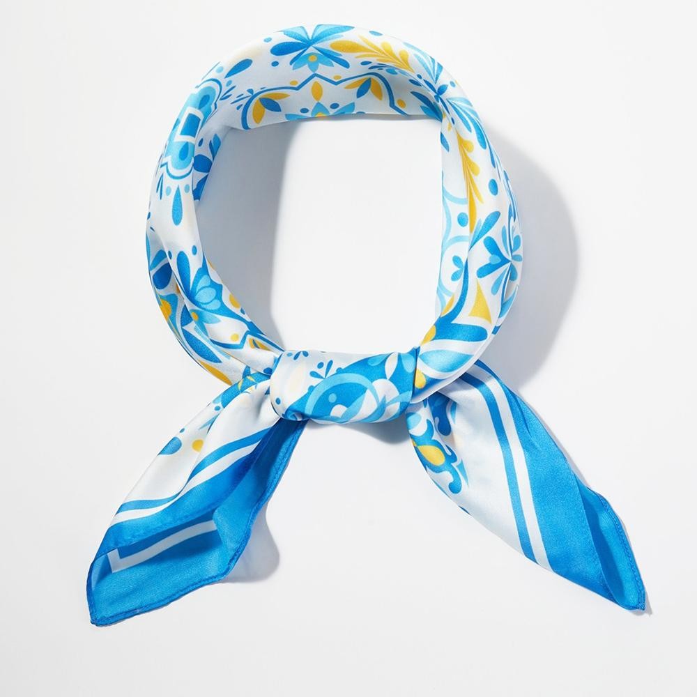 Garden Tile Mosaic Print Bandana Scarf - Multi-Use: Scarf, Bandana, Bag Tie ETC - Approximately 27.5"L X 27.5"W - 100% Polyester view 4