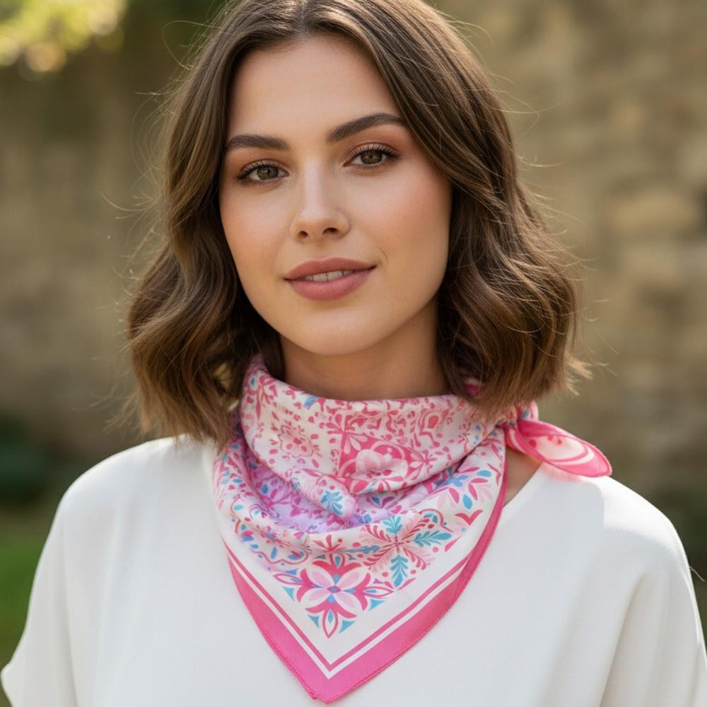 Garden Tile Mosaic Print Bandana Scarf - Multi-Use: Scarf, Bandana, Bag Tie ETC - Approximately 27.5"L X 27.5"W - 100% Polyester view 2