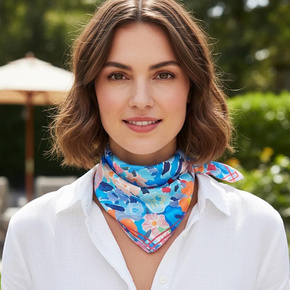 Abstract Garden Print Bandana Scarf - Multi-Use: Scarf, Bandana, Bag Tie ETC - Approximately 27.5"L X 27.5"W - 100% Polyester view 2