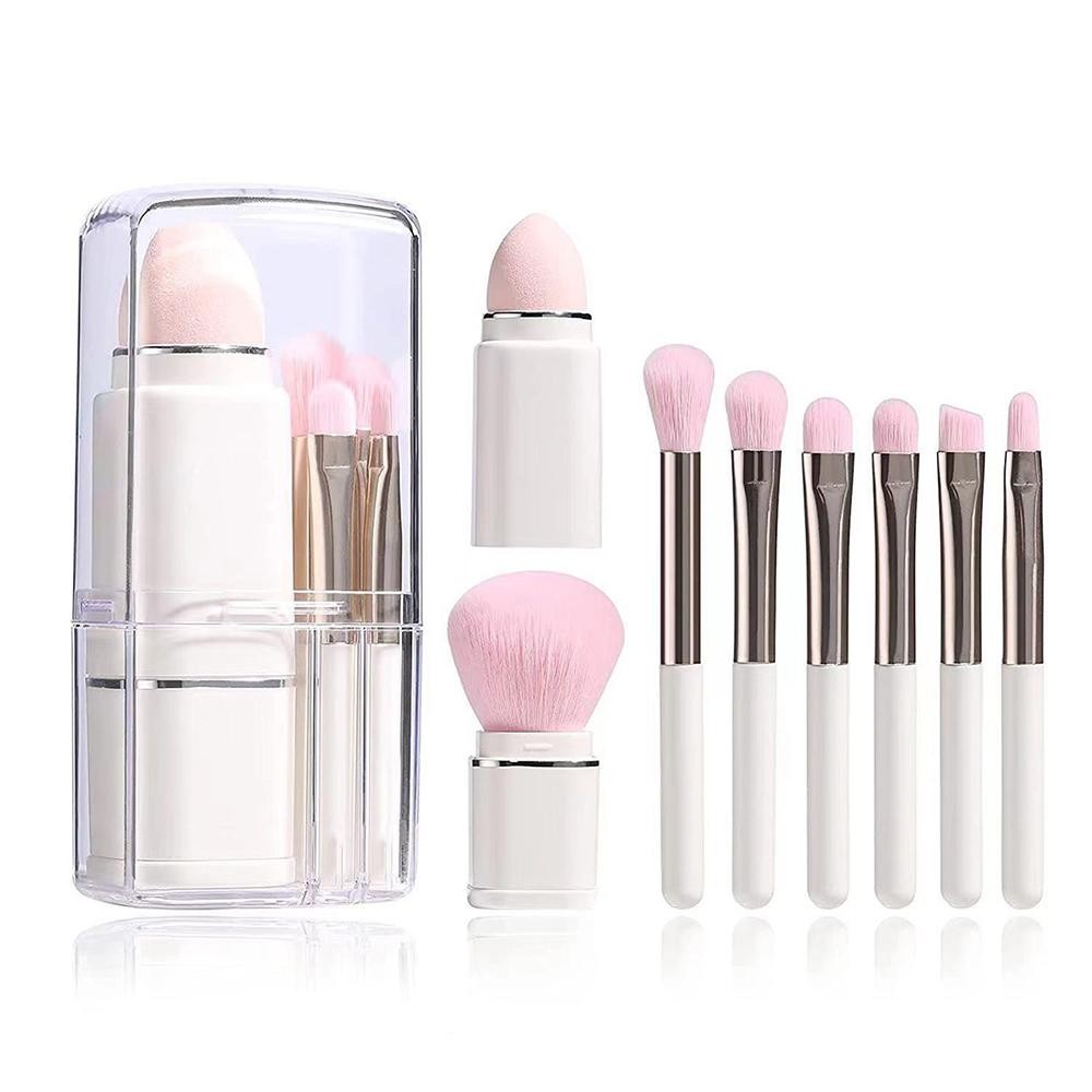 8 Piece Makeup Brush Set - Includes: 1 Retractable Powder Brush 7 Mini Travel Brushes Compact & Portable Case - Approximately 4" L view 2