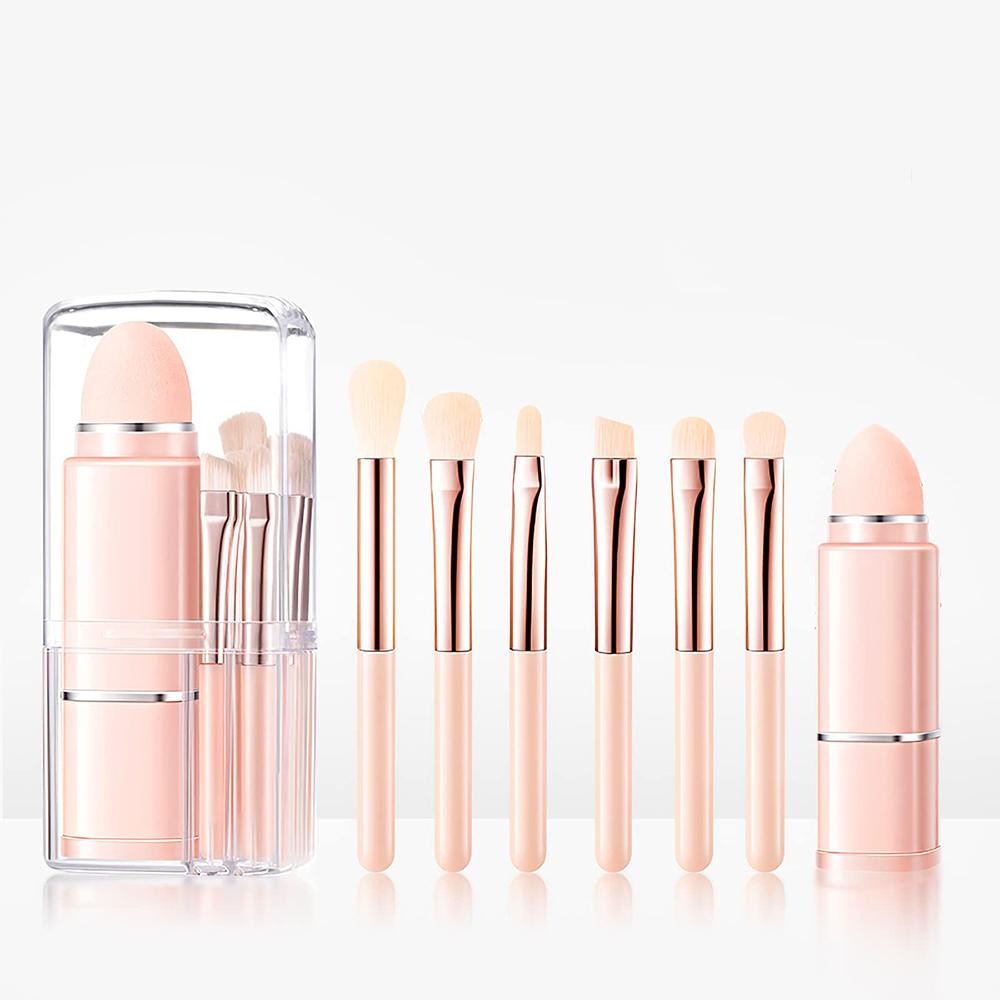 8 Piece Makeup Brush Set - Includes: 1 Retractable Powder Brush 7 Mini Travel Brushes Compact & Portable Case - Approximately 4" L view 2