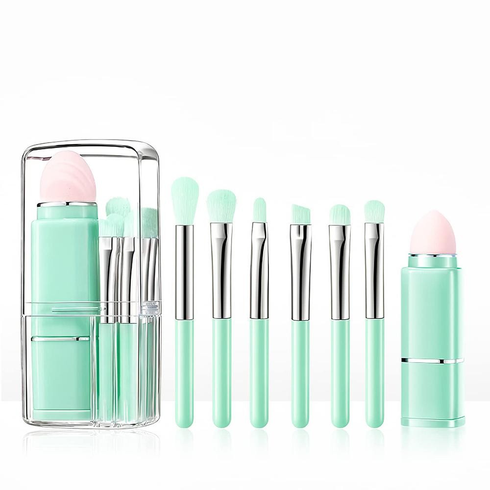 8 Piece Makeup Brush Set - Includes: 1 Retractable Powder Brush 7 Mini Travel Brushes Compact & Portable Case - Approximately 4" L view 2