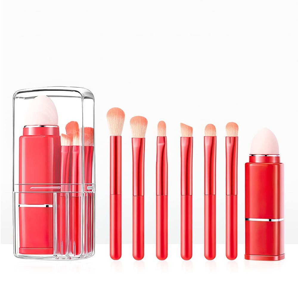 8 Piece Makeup Brush Set - Includes: 1 Retractable Powder Brush 7 Mini Travel Brushes Compact & Portable Case - Approximately 4" L view 2