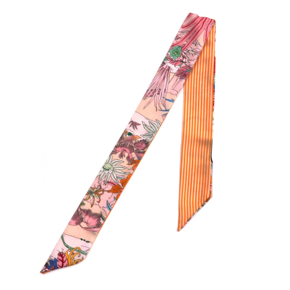 Silky Floral & Stripe Print Skinny Scarf - Multi-Use: Scarf, Hair Bow, Bag Tie ETC - Approximately 35" L X 2" W - 100% Polyester view 2