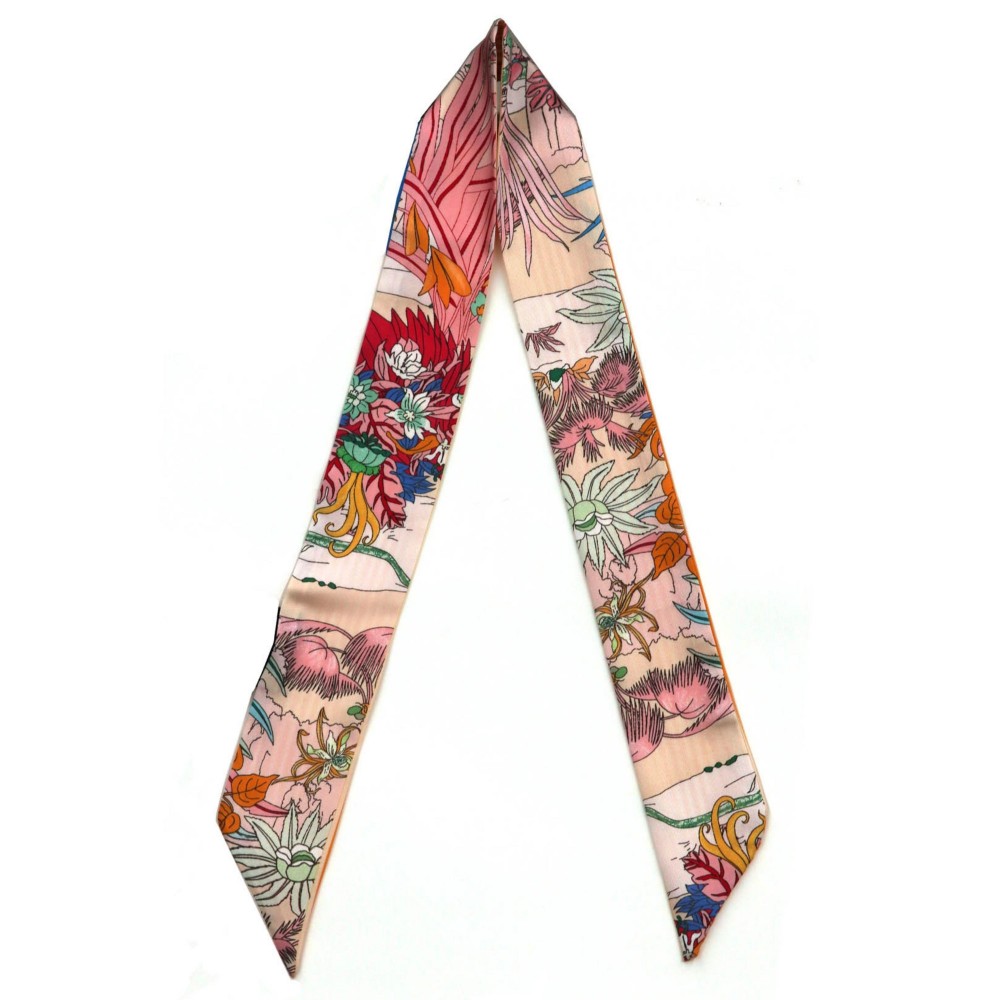 Silky Floral & Stripe Print Skinny Scarf - Multi-Use: Scarf, Hair Bow, Bag Tie ETC - Approximately 35" L X 2" W - 100% Polyester view 4