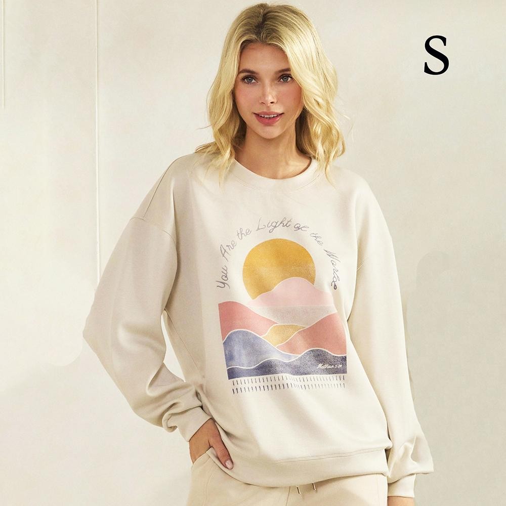 "You Are The Light Of The World" Pullover Sweatshirt - Crew Neck - Dropped Shoulder - Soft & Comfy - Cuff Bands - 45% Rayon / 47% Polyester / 8% Spandex view 2